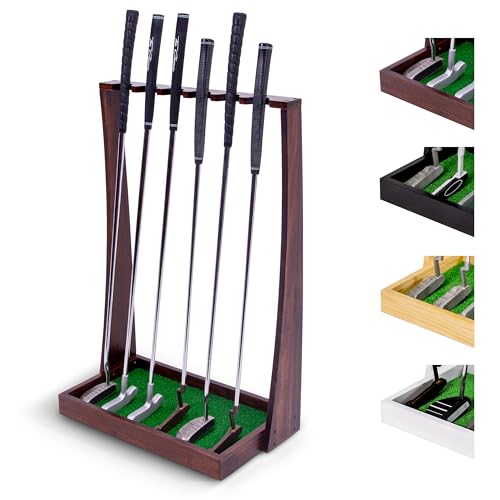 Brown Wooden Golf Putter Stand - Indoor Display Rack Holds 6 Clubs for Home & Office