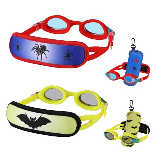 Toddler Swim Goggles 2 Pack - No Hair Pull Kids Goggles with Padded Strap, Ages 3-8, Spider & Bat Variation