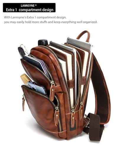 LANNSYNE Leather Sling Bag for Men - Crossbody Chest Pack Fits 10.5" iPad - Orange