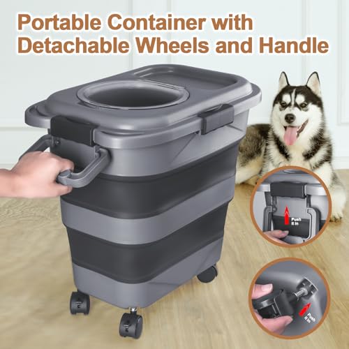 Dark Grey Collapsible Dog Food Storage Container 23-25 lbs with Wheels & Scoop - Large