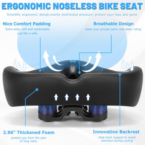 CDYWD Noseless Oversized Bike Seat Blue - Extra Wide Padded Bicycle Saddle for Comfort