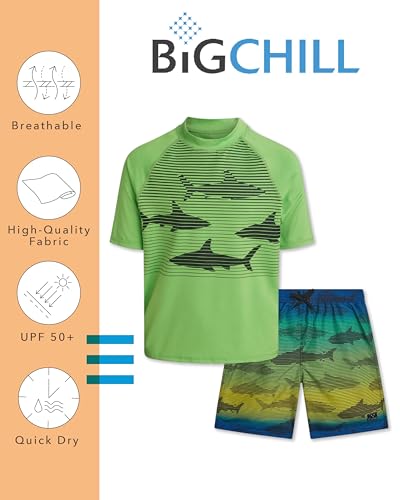 Bright Green Gradient Shark Boys Rash Guard & Swim Trunks Set - UPF 50+ Sun Protection