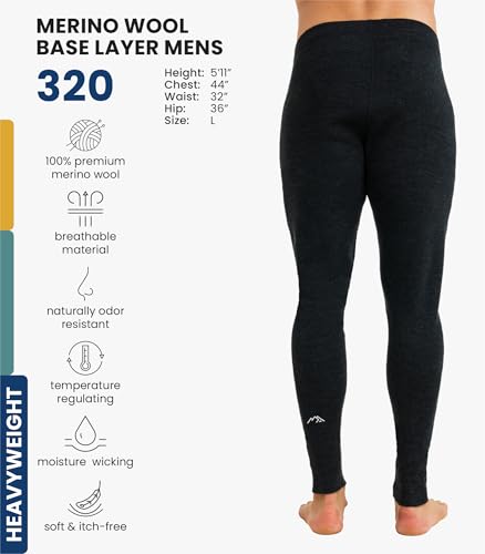 Men's Merino Wool Base Layer Pants - Thermal Long Johns, Charcoal, Large
