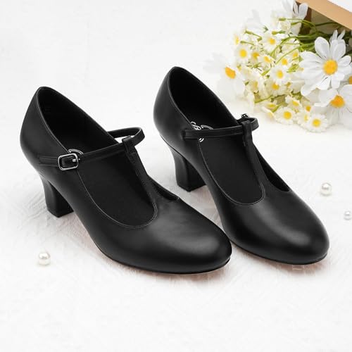 Stelle 2.5 Inch T-Strap Character Shoes for Women - Black, 8