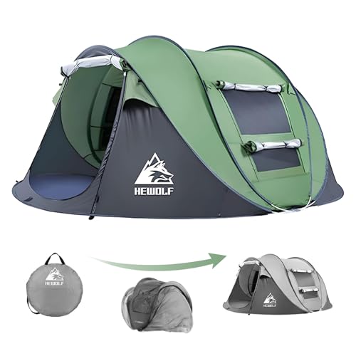 HEWOLF 4-Person Pop Up Camping Tent - Instant Waterproof Family Tent, Easy Setup, Mosquito Mesh, Green