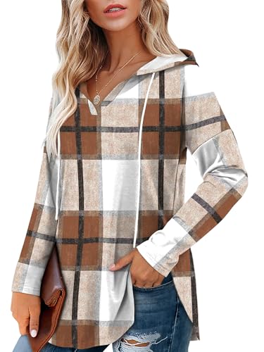 Oversized Hooded Sweatshirt for Women - Medium Plaid Brown Pullover