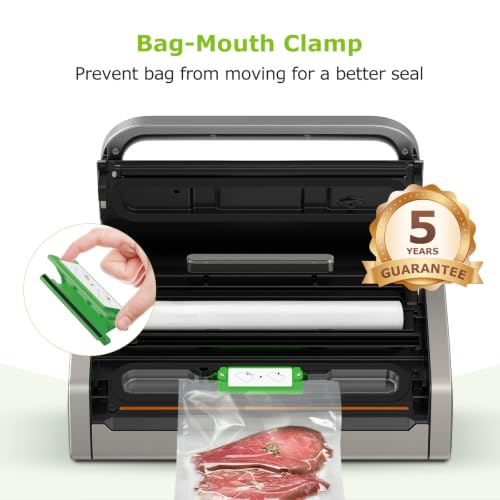 Bonsenkitchen Vacuum Sealer with Easy Handle & Silver Black Finish, 1 Roll & 10 Bags