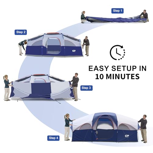 CAMPROS CP 8 Person Camping Tent with Room Divider, Rainfly, Blue, Weather-Resistant
