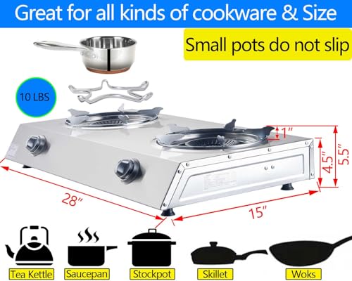 Horynar Silver Propane Stove 2 Burner Auto Ignition 26000 BTU Outdoor Gas Cooker