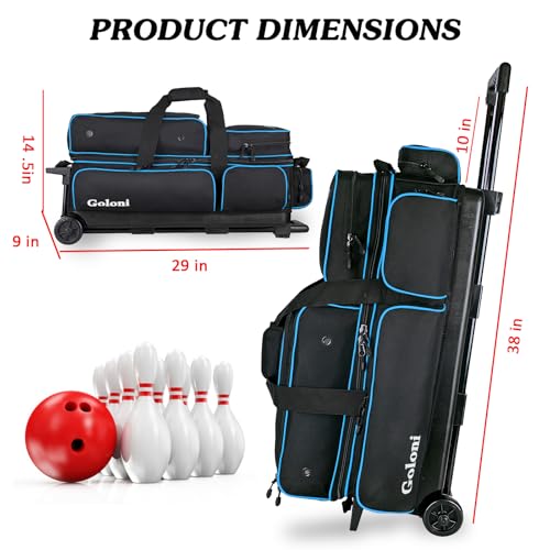 Goloni Blue 3-Ball Bowling Bag with Wheels & Retractable Handle – Large Capacity