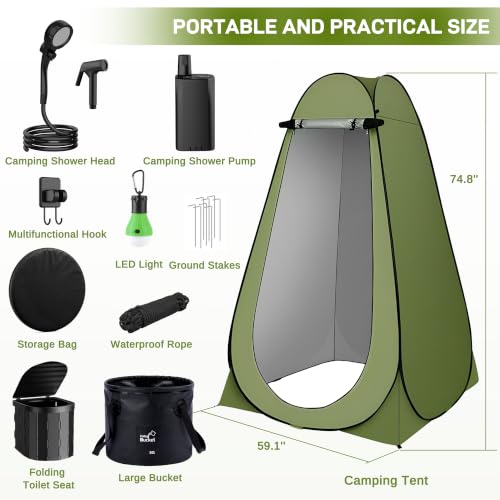 MILBOPAX Green Portable Camping Shower Kit with Privacy Tent & Foldable Bucket