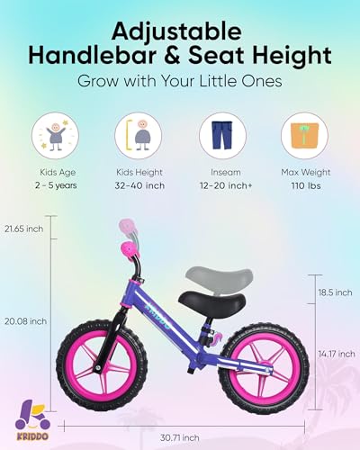 KRIDDO LED Purple Toddler Balance Bike for 2-5 Year Olds – Adjustable & Multi-Terrain