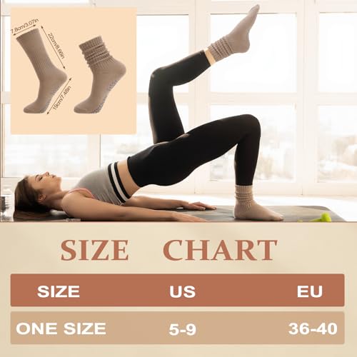 3/4/5 Pairs Slouchy Pilates Socks with Grips - Black, Dark Brown, Light Brown, Khaki