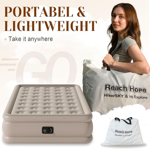 Khaki Full-Size Air Mattress with Built-In Pump 18-Inch Self-Inflating Bed