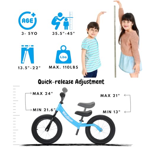 Kids Balance Bike 14 Inch with Rubber Air Tires - Blue, Adjustable Seat & Lightweight