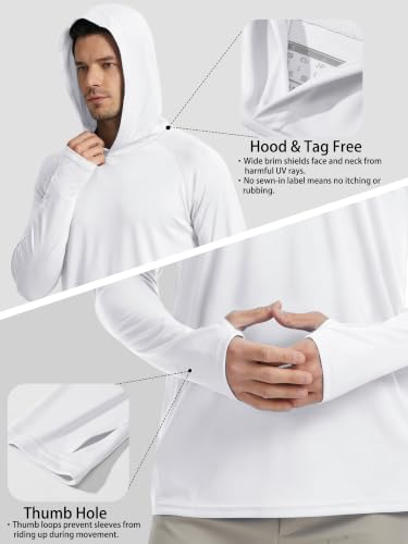 Men's UPF 50+ Sun Protection Hoodie Shirt Long Sleeve Rash Guard - Medium White