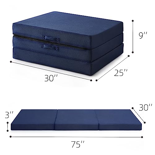 Jamdok Blue Memory Foam Trifold Mattress 75x30x3 Inches for Adults