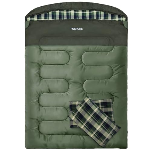 POEPORE Double Sleeping Bag for Adults with 2 Pillows, XXL Queen Size, Green