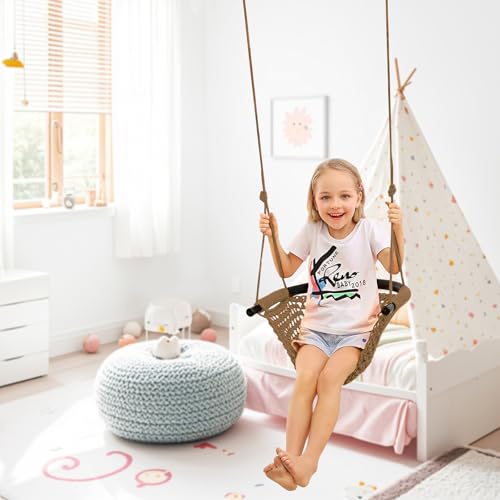 JKsmart 2 Pack Kids Swing Seat with Adjustable Rope & Safety Hooks, Heavy Duty Indoor/Outdoor Toddler Swing Brown