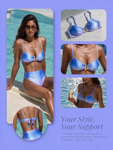 Women’s Two Piece Swimsuit V Neck Ruched Bikini Set Small Blue Purple