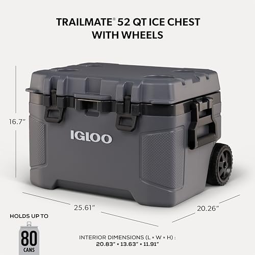 Igloo Trailmate 52 Qt Roller Cooler - Carbonite, Heavy-Duty Wheeled Ice Chest with Insulation & Accessories