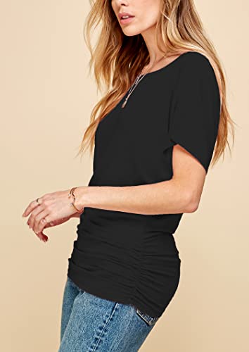XX-Large Women's Casual Solid Short Sleeve Boat Neck Dolman Top with Side Shirring