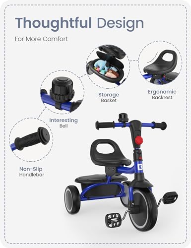 Besrey Toddler Tricycle with Bell for 18 Months to 5 Years - Safe, Adjustable, Foldable Kids Bike