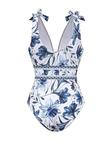 Blue and White V Neck Lace Up One Piece Swimsuit with Skirt - Medium