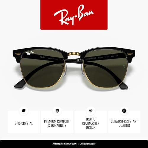 Unisex Ray-Ban RB3016 Clubmaster Classic Square Sunglasses - Black on Gold, 49mm