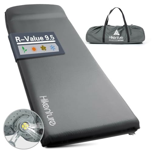 Hikenture Grey Self-Inflating Camping Sleeping Pad with Pillow, 3 Inch Thick, 9.5 R-Value, Insulated for Car, Tent, and Outdoor Use