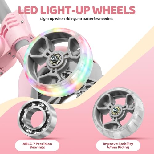 AODI Light Pink 2-in-1 Kids Scooter with Seat, LED Light-Up Wheels & Adjustable Height