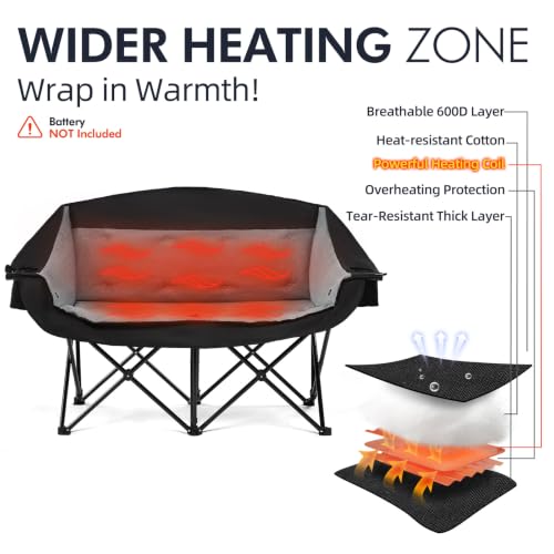 PUVASIA Heated Double Camping Chair Loveseat Black with Independent 3-Level Heating