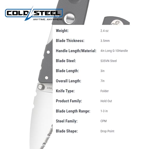 Cold Steel Hold Out 3" S35VN Serrated Folding Knife with G-10 Handle and Tri-Ad Lock