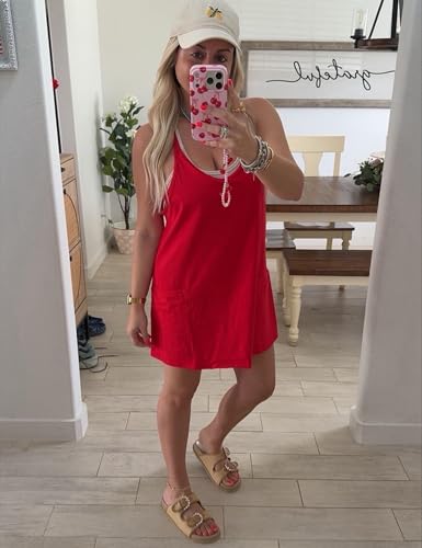 Women’s Red Medium Athletic Romper Dress with Built-in Shorts - Summer Tennis Mini Dress