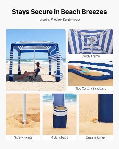 Beach Cabana 8x8 ft with Side Wall Navy Stripes UPF 50+ Sun Shelter Portable Shade