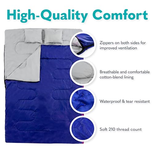 Sleepingo Blue Double Waterproof Sleeping Bags for Adults, Camping & Backpacking