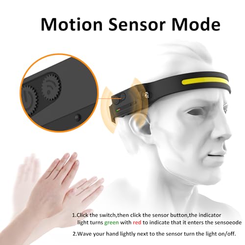 Rechargeable LED Headlamp with Motion Sensor - 3 Pack Black Ultra Bright Head Light