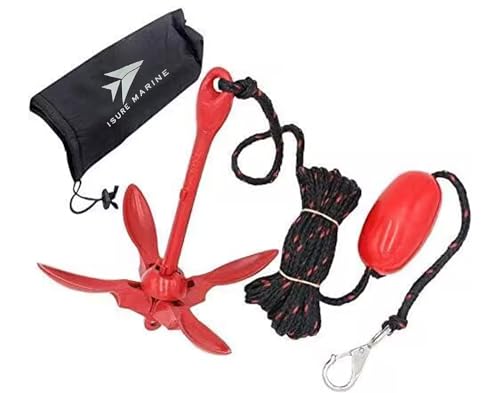 ISURE MARINE Kayak Anchor Kit 3.5 lb Folding Grapnel with 29.5 ft Rope – Red (Variation: Red)