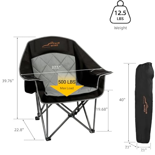 FAIR WIND 2 Pack XL Heavy Duty Camping Chairs Black - Oversized, Padded, Portable