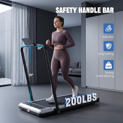 NEWBULIG Foldable Walking Pad Treadmill with Handle Bar - Silver, Home & Office Use