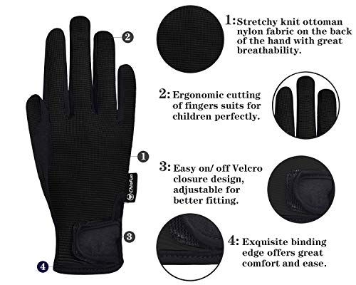Kids Horse Riding Gloves - Black, Size S (Ages 6-8) - Equestrian Gloves for Kids