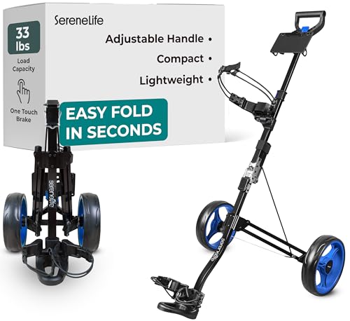 SereneLife Golf Push Cart with Adjustable Handle & Scorecard Holder - Lightweight Foldable Design