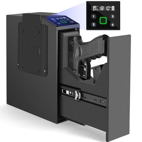 Biometric Slider Handgun Safe with LCD Screen, Temp & Humidity, Key & PIN Access - Heavy Duty