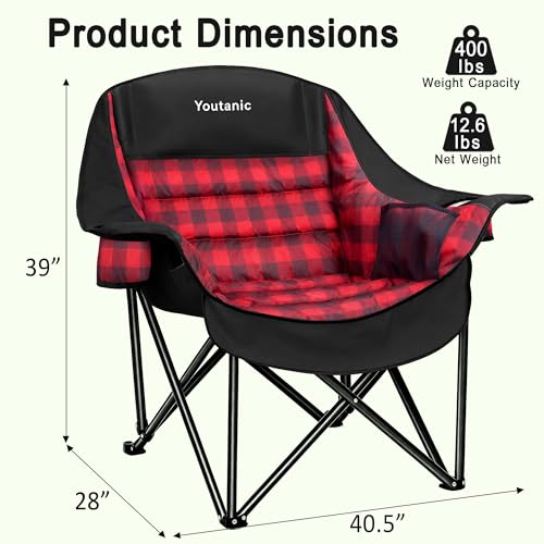 Youtanic Oversized Foldable Camping Chair 400lbs with Padded Seat & Side Pockets, Red-Black, 40.5"L x 28"W