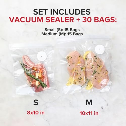 Chef Preserve Compact Handheld Vacuum Sealer with 30 Reusable Food Bags – Portable & Powerful Food Preservation Machine