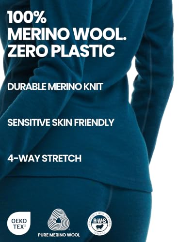 Merino.tech Women's Medium Black 100% Merino Wool Base Layer Set - Thermal Top & Bottom