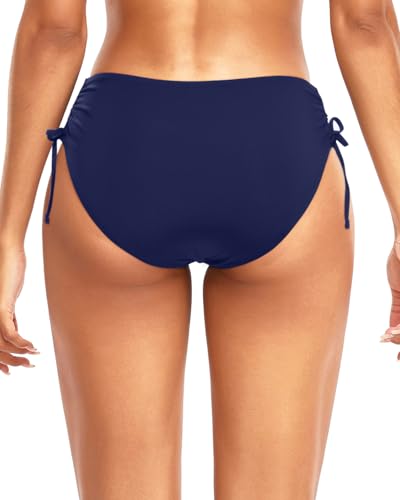 Women's Side Tie Mid Rise Bikini Bottom - Medium Navy Blue