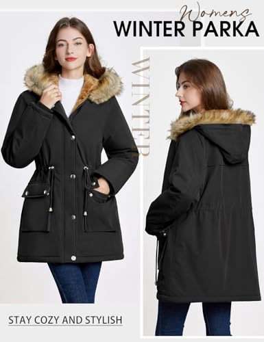 Women Winter Coat with Fleece Lining & Faux Fur Hood - Large, Black