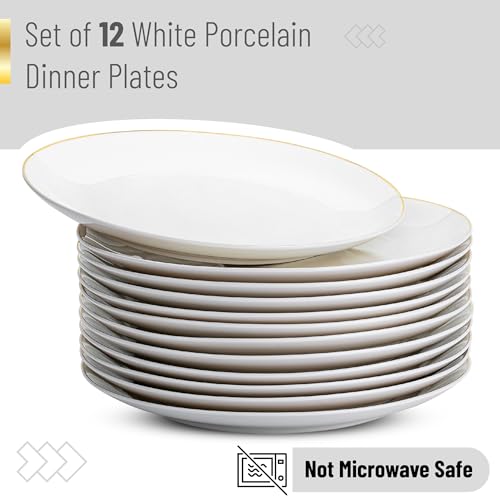 White Porcelain Dinner Plates Set of 12 - 10.5 inch Gold Rimmed, Classic Style