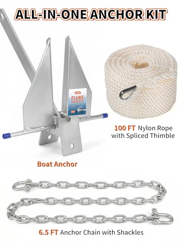 13 LB Fluke Anchor Kit with 100 FT Nylon Rope for 20-32 FT Boats - Heavy-Duty Marine Anchoring